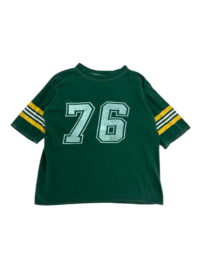 Exile Vintage 1970s green football jersey with number 76 and yellow and white striped sleeves