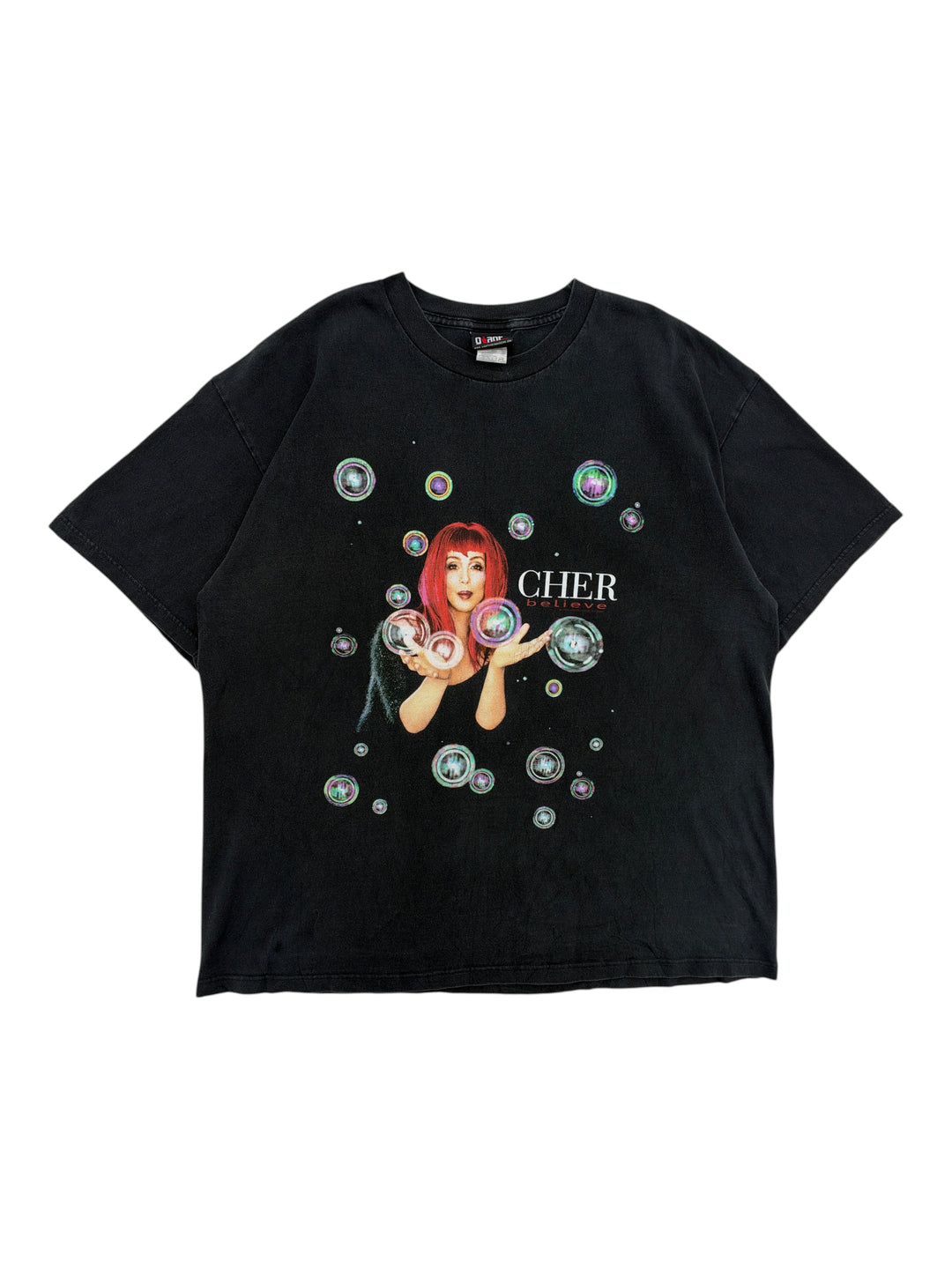 Exile Vintage black 1990s Cher Believe tour t-shirt with graphic of Cher and bubbles, size XL