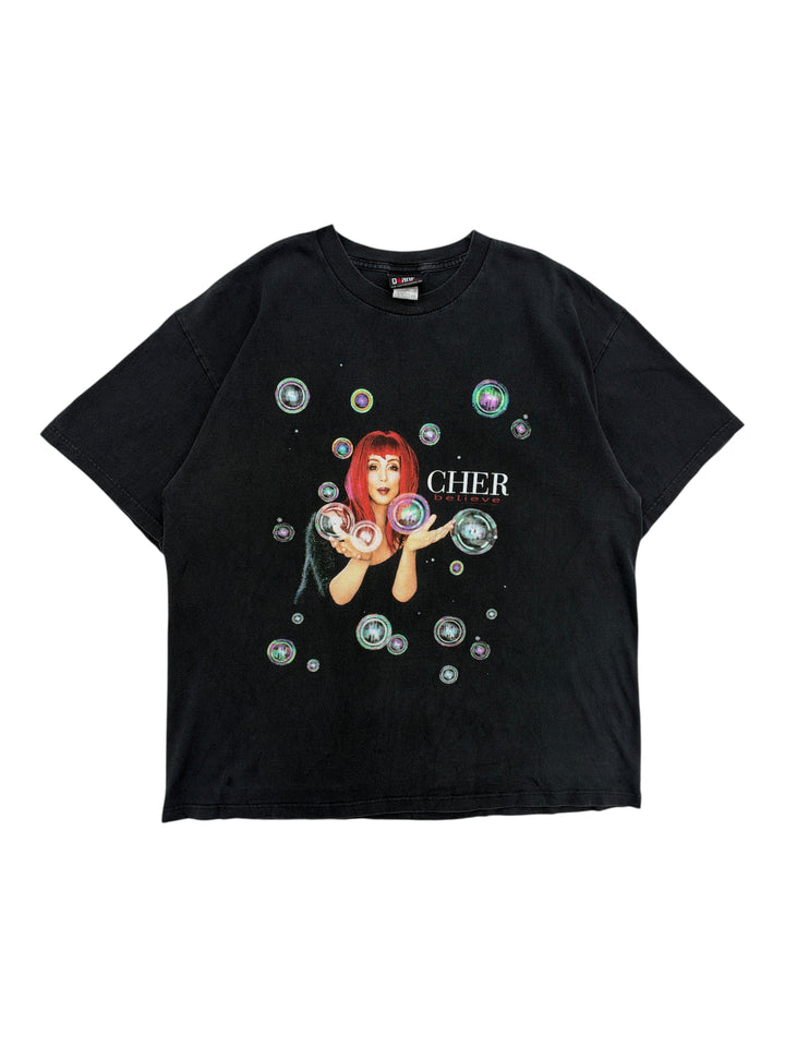 Exile Vintage black 1990s Cher Believe tour t-shirt with graphic of Cher and bubbles, size XL