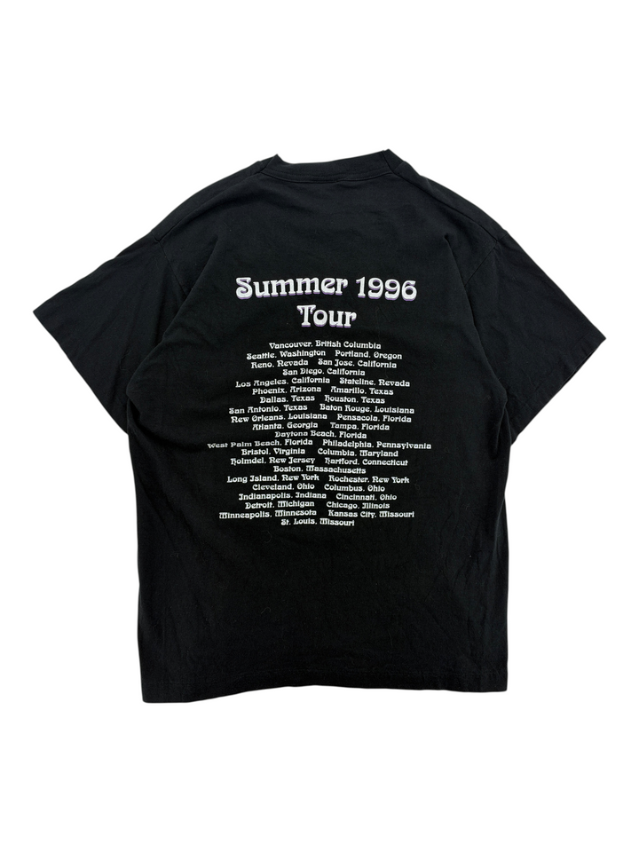 Exile Vintage black 1990s The Moody Blues Summer 1996 tour t-shirt with white city list on the back
