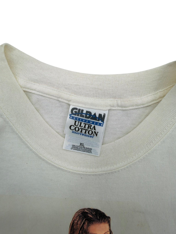 Exile Vintage white Gildan Ultra Cotton t-shirt neck label showing size XL and heavy cotton material