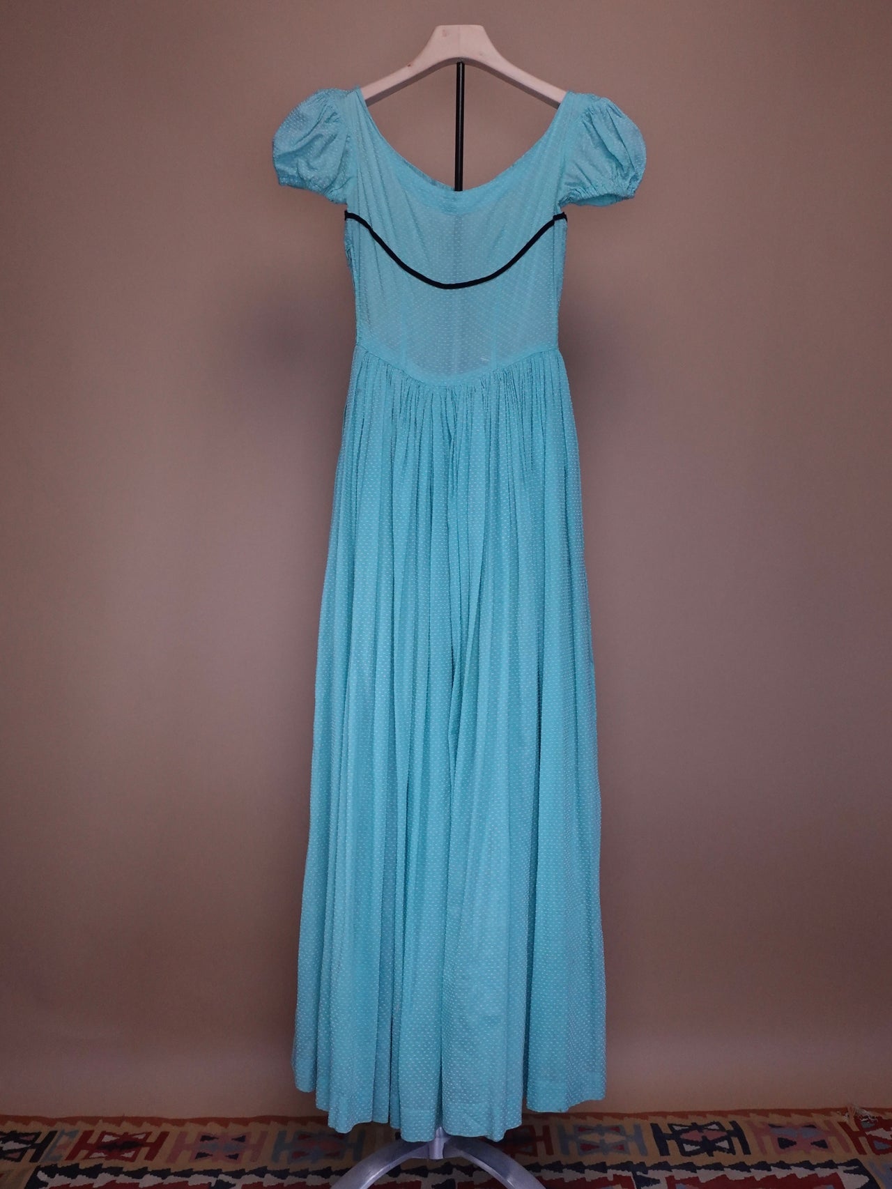 Vintage 1970s - Teal Blue Swiss Dot Special Occassion Full Length Dress