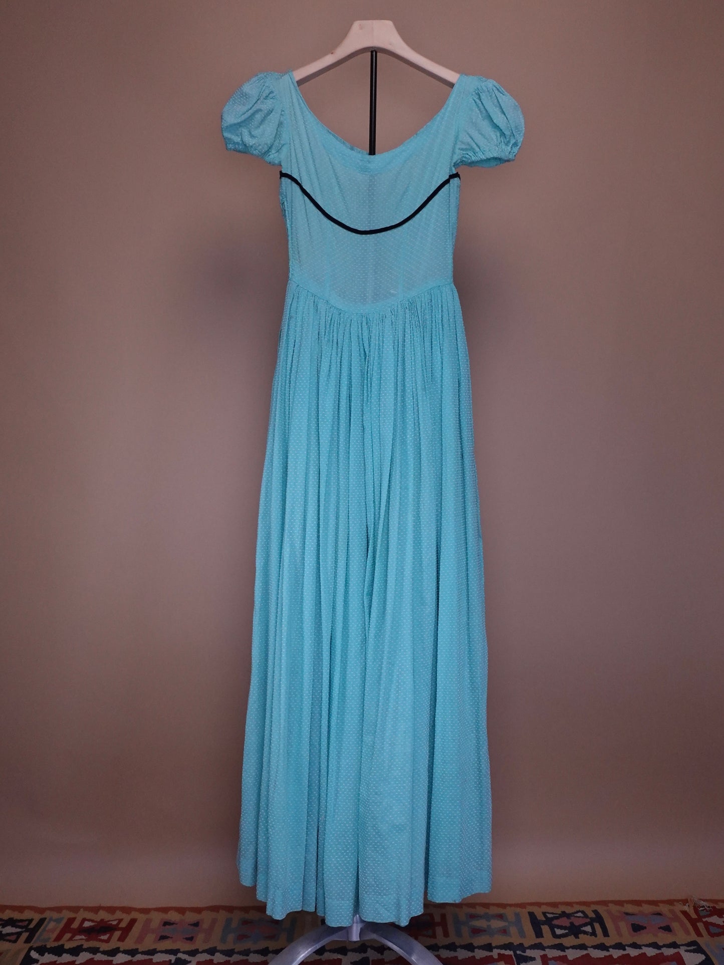 1970s - Teal Blue Swiss Dot Special Occassion Full Length Dress