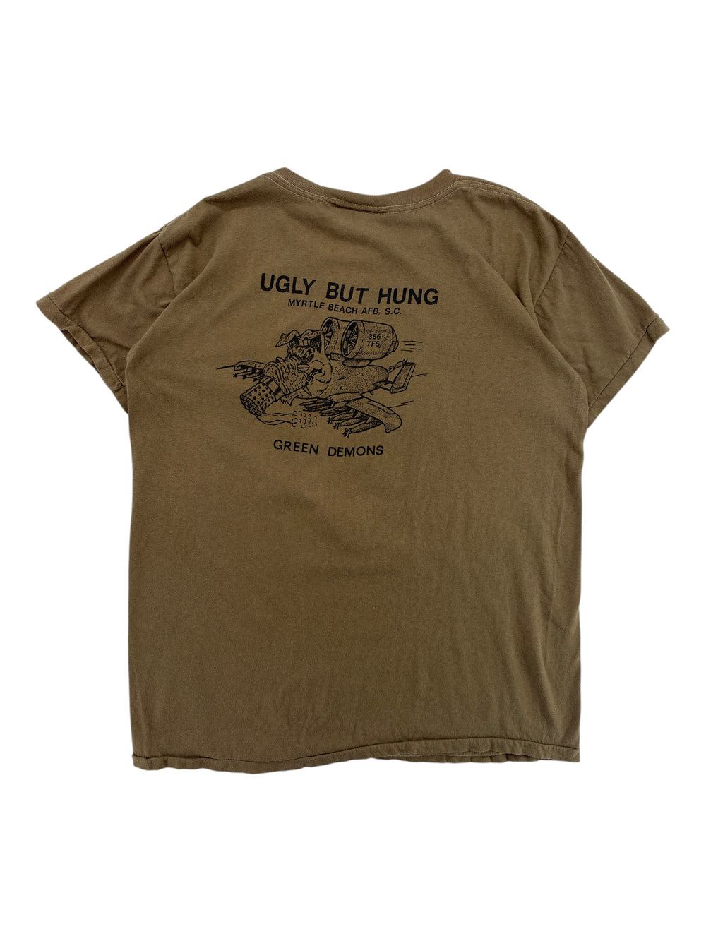 Exile Vintage 1980s olive green cotton t-shirt featuring a vintage Green Demons graphic print on the back