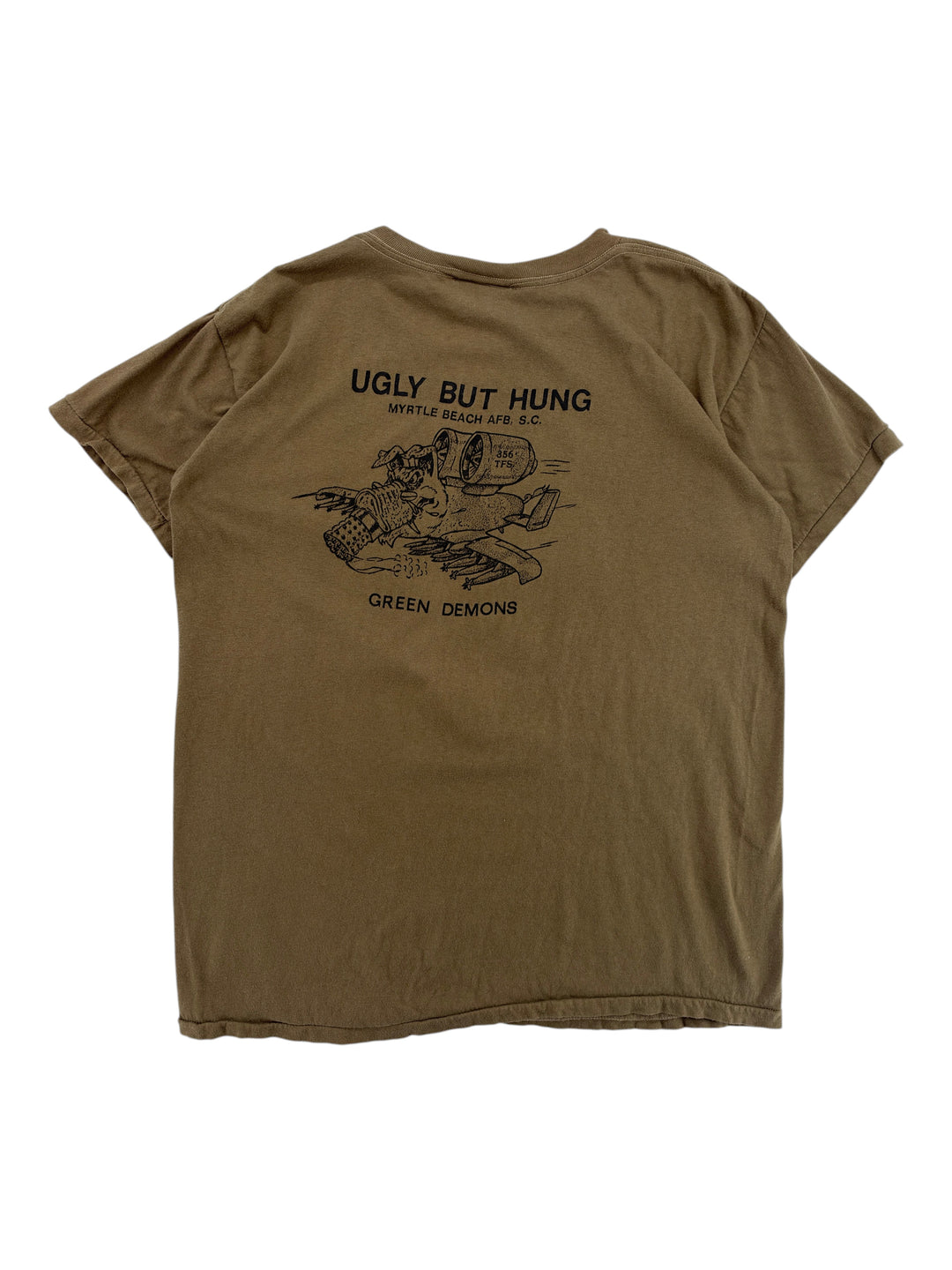 Exile Vintage 1980s olive green cotton t-shirt featuring a vintage Green Demons graphic print on the back