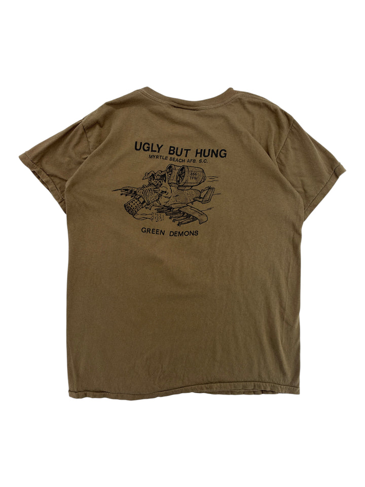 Exile Vintage 1980s olive green cotton t-shirt featuring a vintage Green Demons graphic print on the back