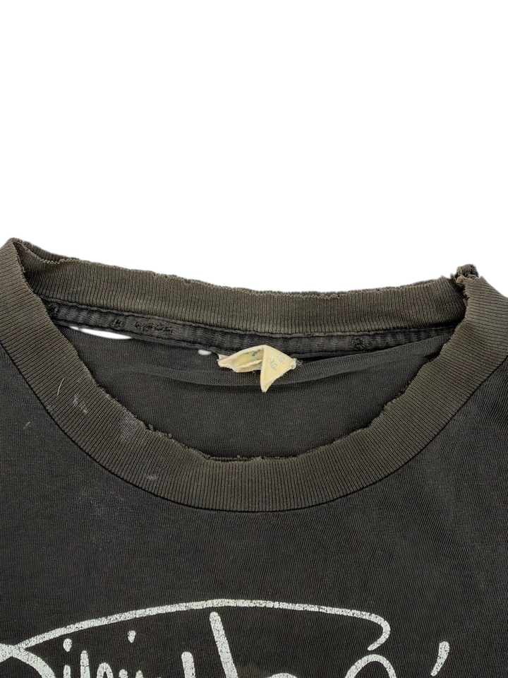 Exile Vintage 1980s Jimi Hendrix t-shirt collar detail showing distressed black fabric and original size tag