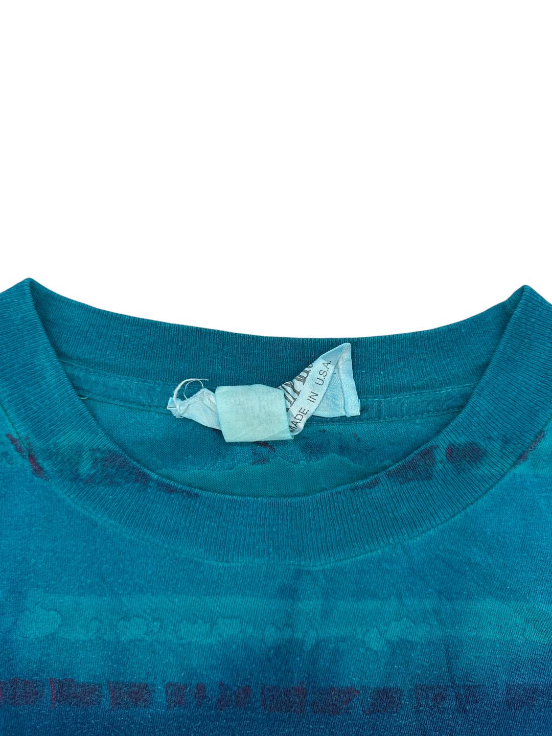 Exile Vintage 1990s Liquid Blue striped t-shirt collar detail with Made in USA tag