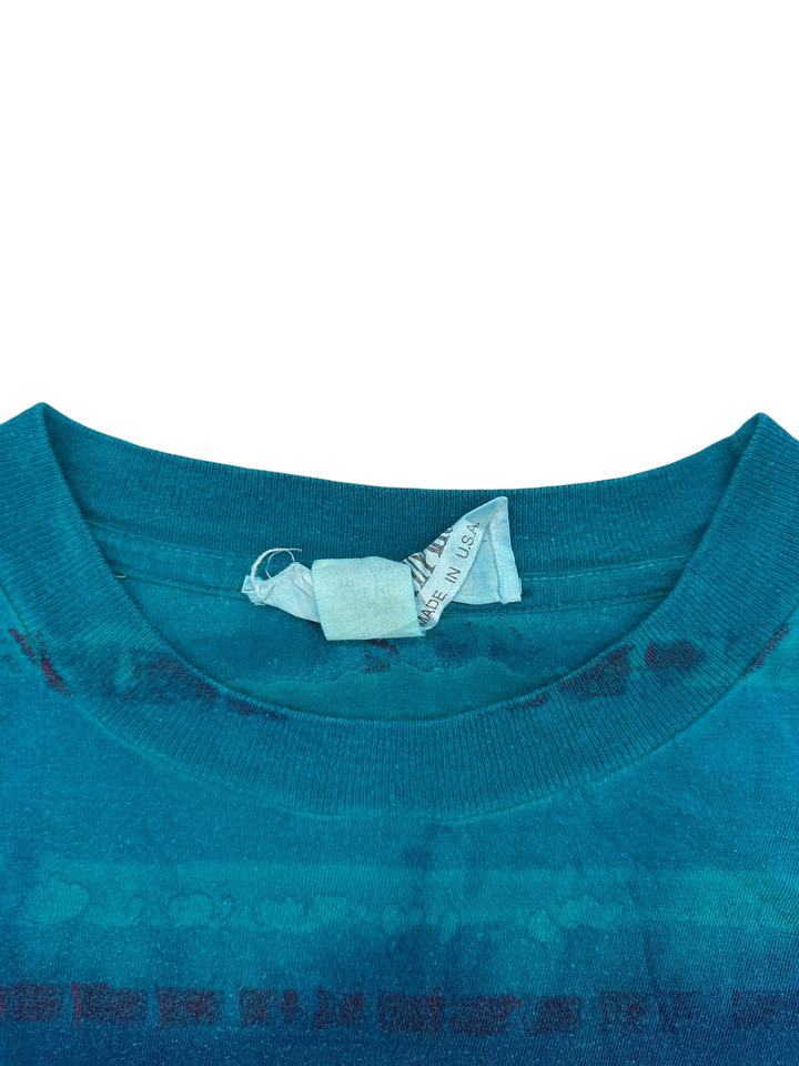 Exile Vintage 1990s Liquid Blue striped t-shirt collar detail with Made in USA tag