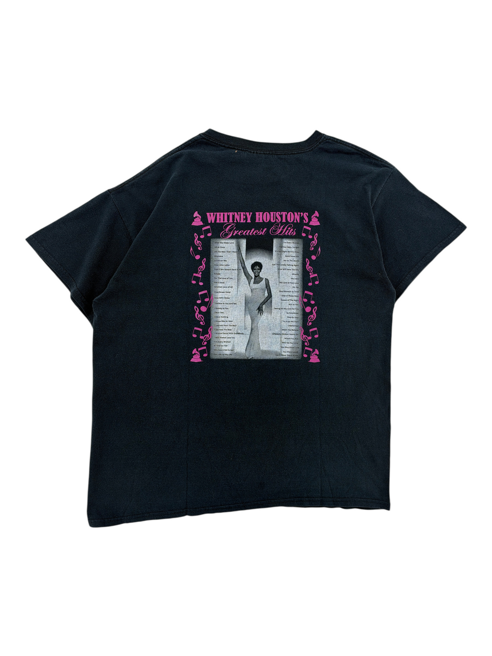 Exile Vintage black 2012 Whitney Houston Greatest Hits memorial t-shirt with pink musical notes and graphic print