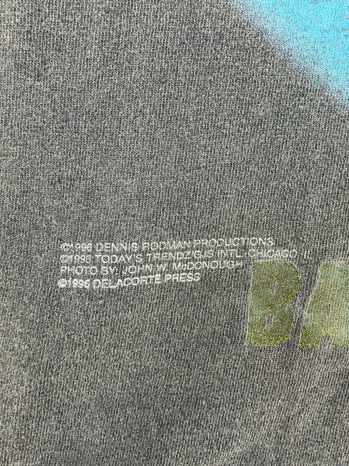 Exile Vintage 1996 Dennis Rodman graphic t-shirt showing copyright print details on grey cotton fabric