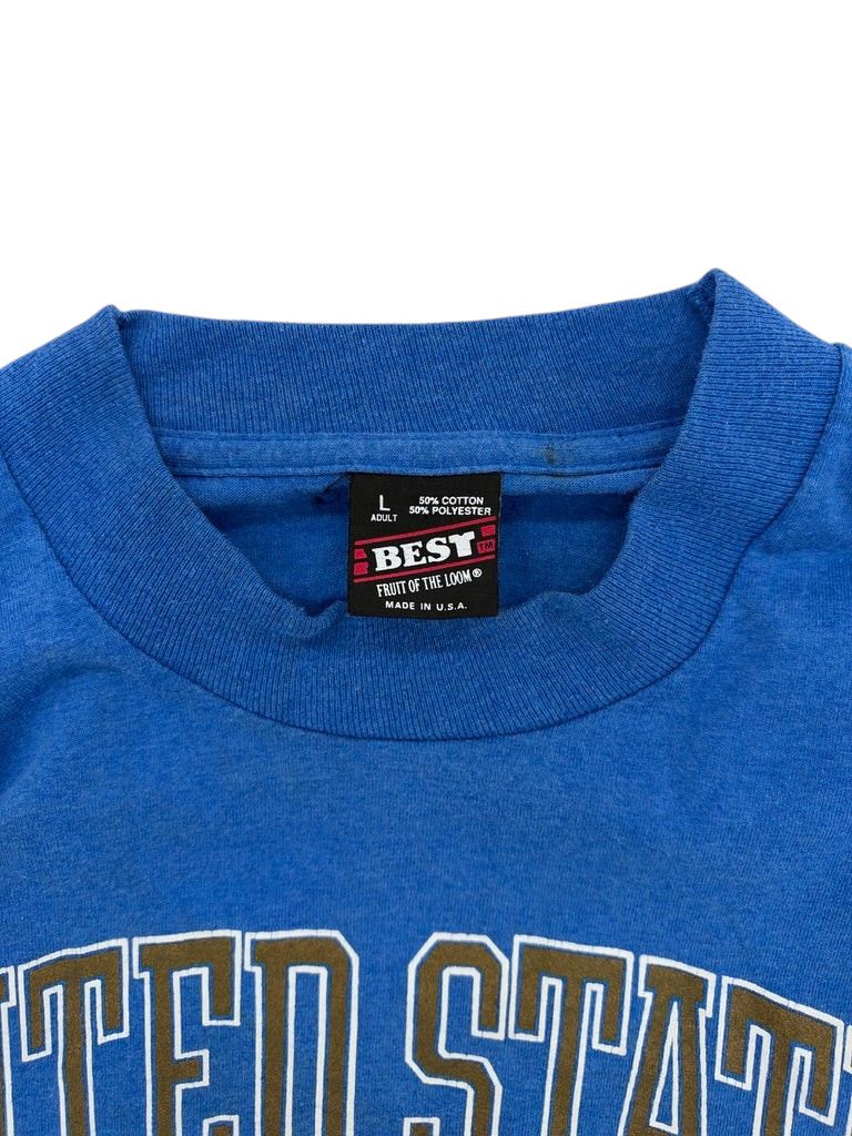 Exile Vintage 1990s blue cotton blend Air Force t-shirt with Fruit of the Loom Best label, size large