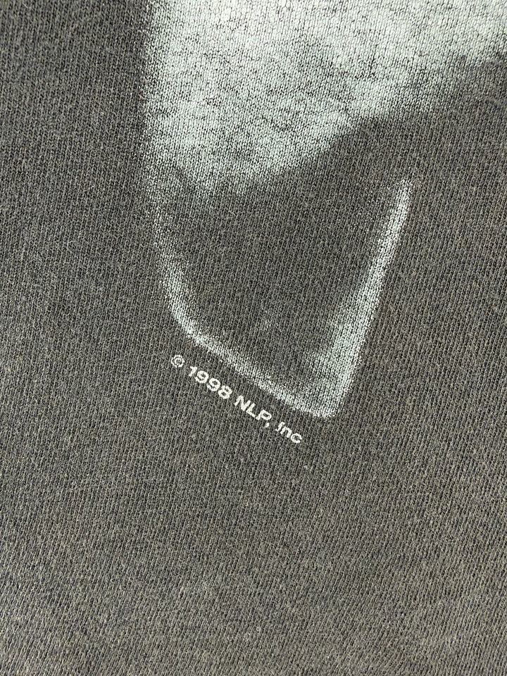 Exile Vintage 1998 Austin Powers Dr Evil graphic t-shirt copyright detail on black cotton fabric