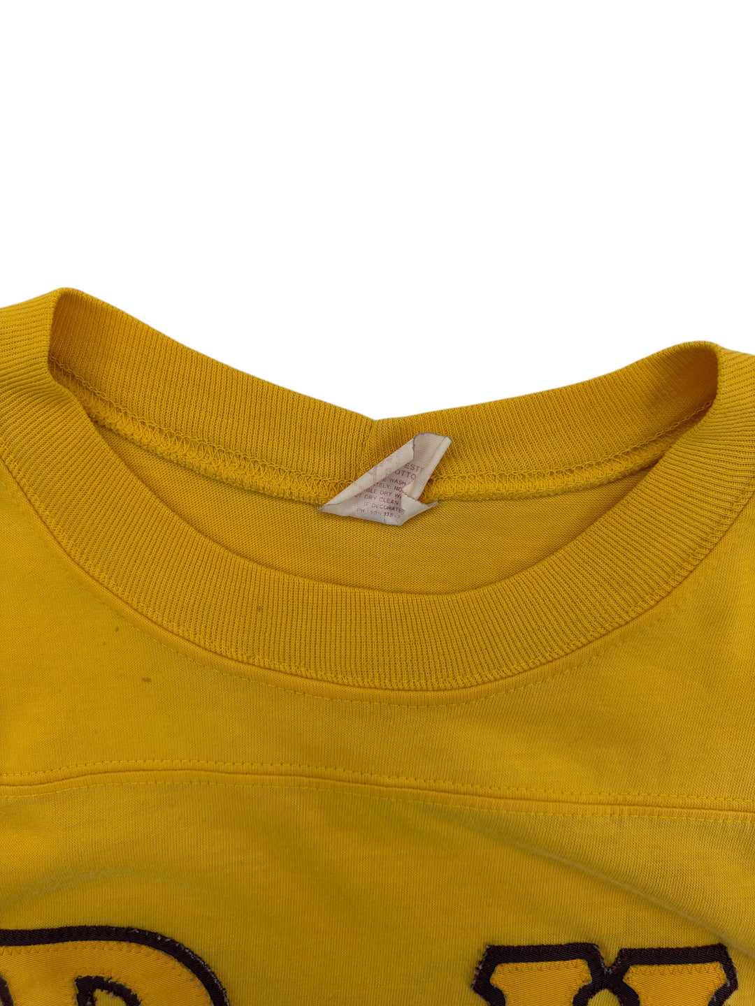 Exile Vintage yellow 1970s PusH Beau 92 t-shirt collar and care tag detail