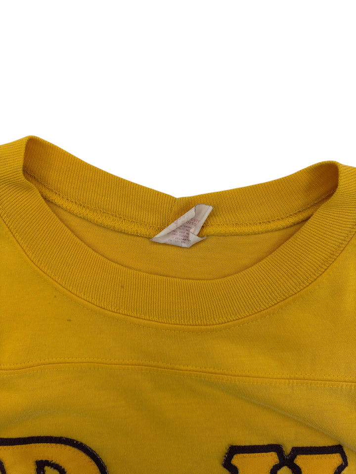 Exile Vintage yellow 1970s PusH Beau 92 t-shirt collar and care tag detail