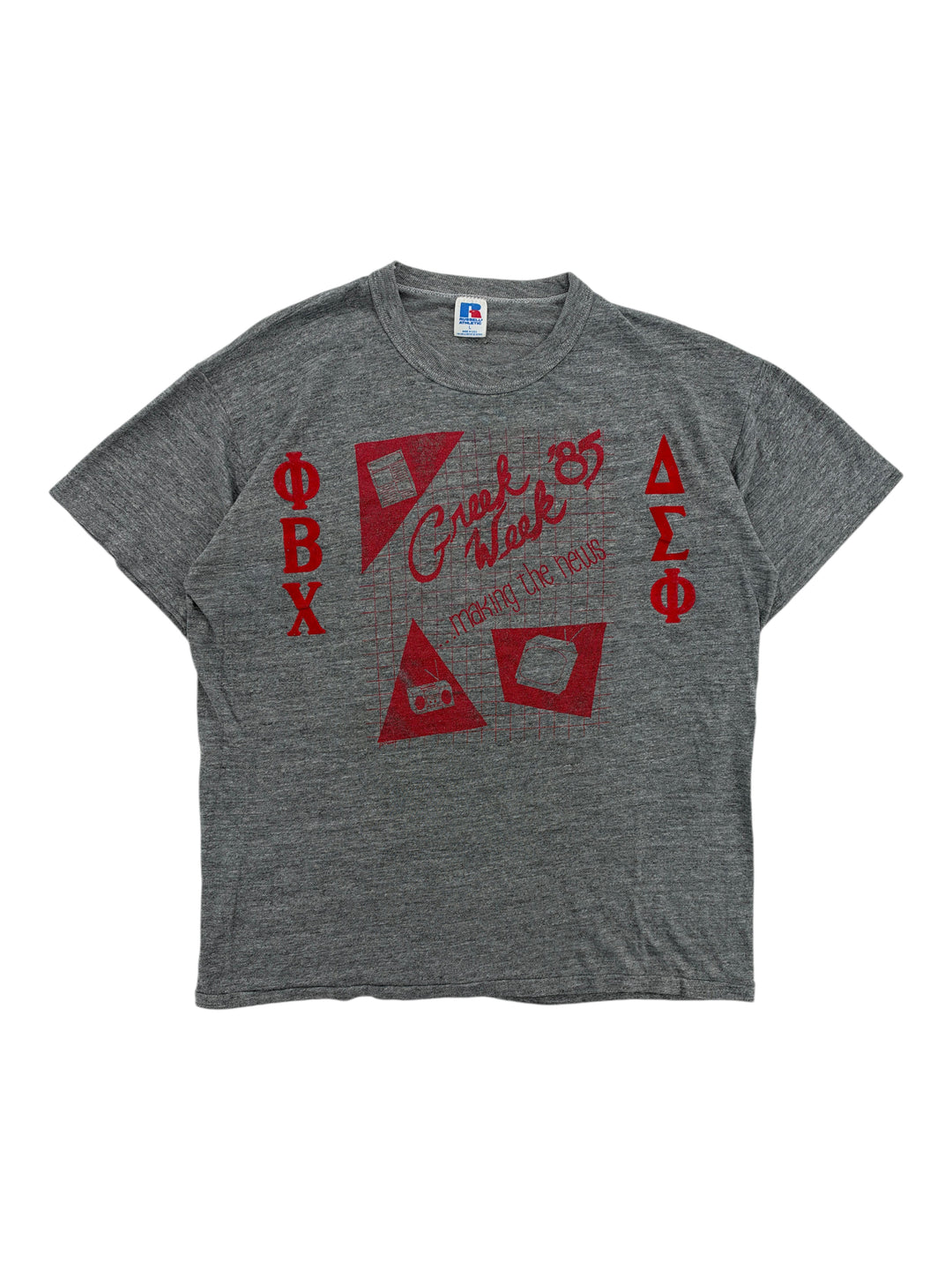 Exile Vintage 1980s Russell Athletic grey graphic t-shirt with red Greek Week 85 print and crew neck