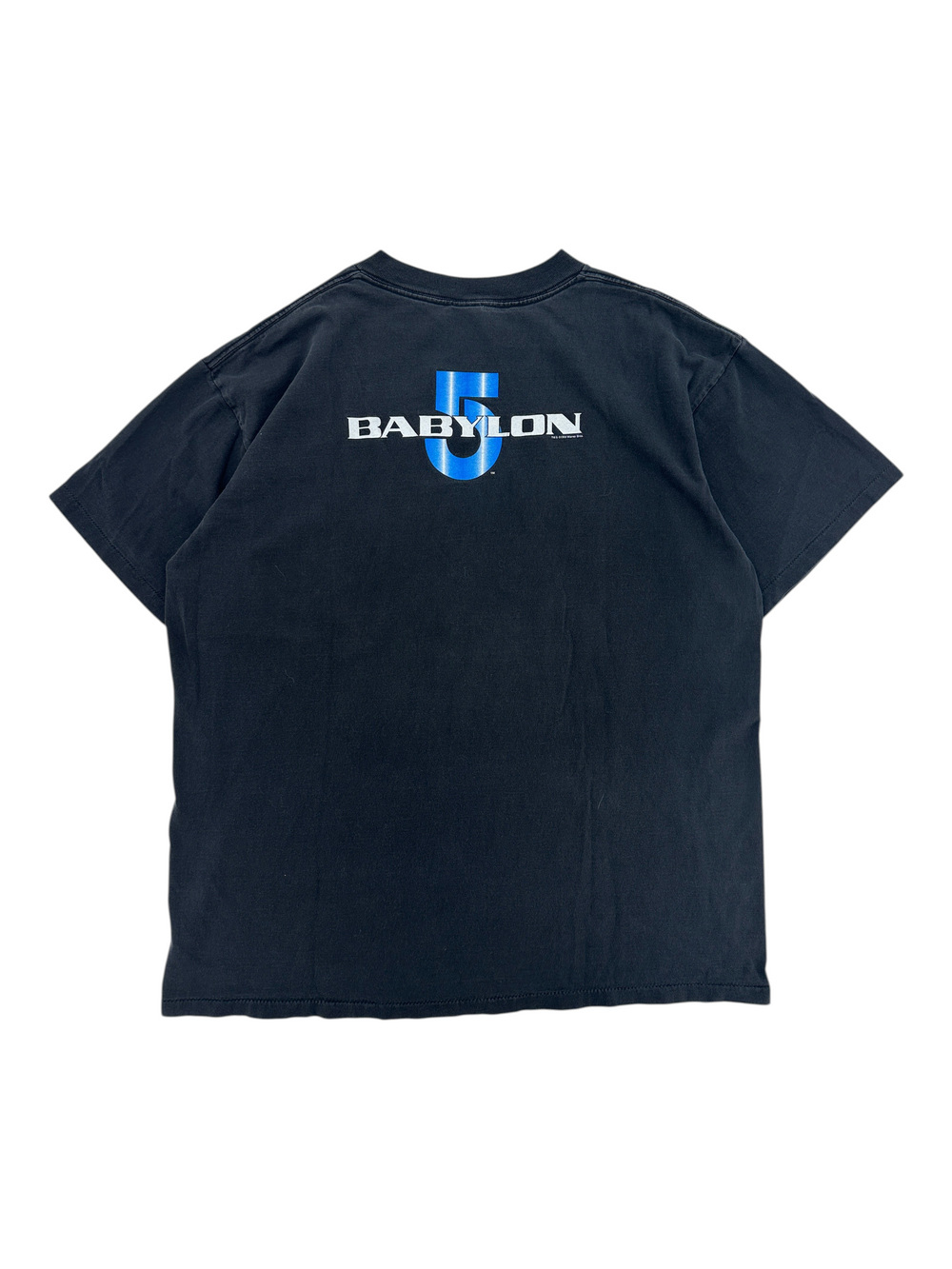 Exile Vintage 1990s black Babylon 5 Lochley graphic T-shirt with blue logo print on the back