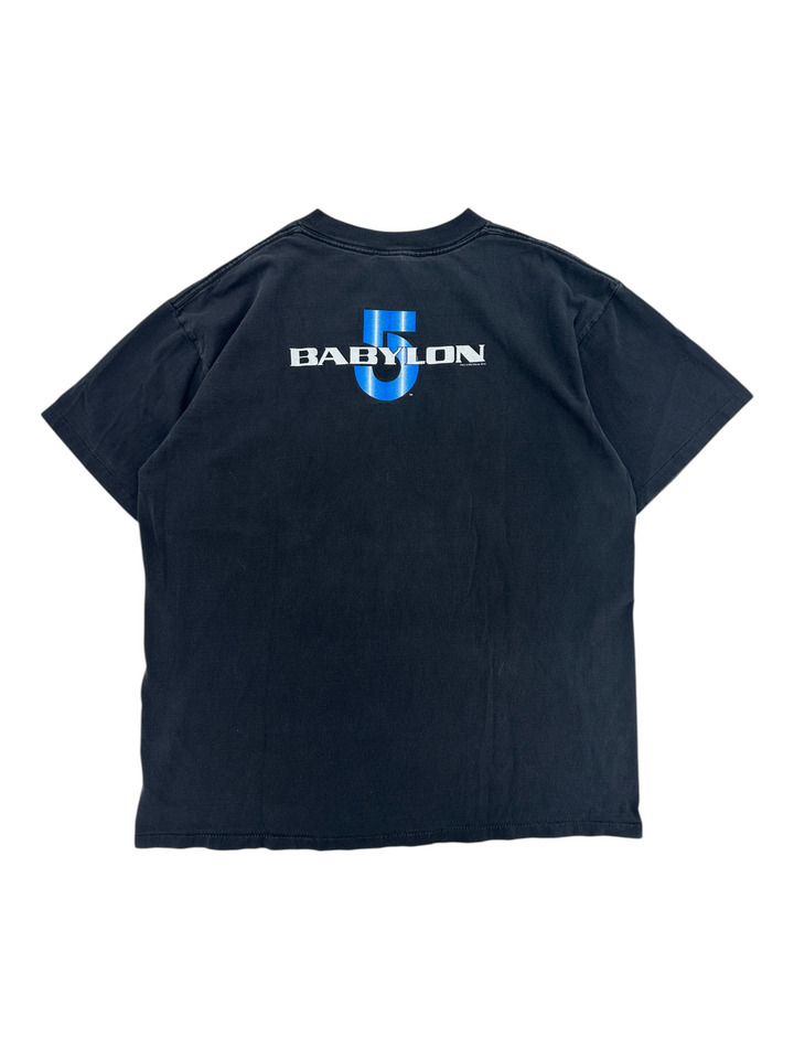 Exile Vintage 1990s black Babylon 5 Lochley graphic T-shirt with blue logo print on the back
