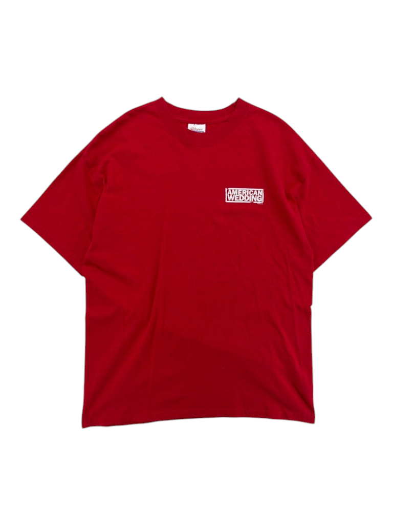 Exile Vintage red 2000s American Wedding graphic t-shirt with a small white chest logo, size XL.