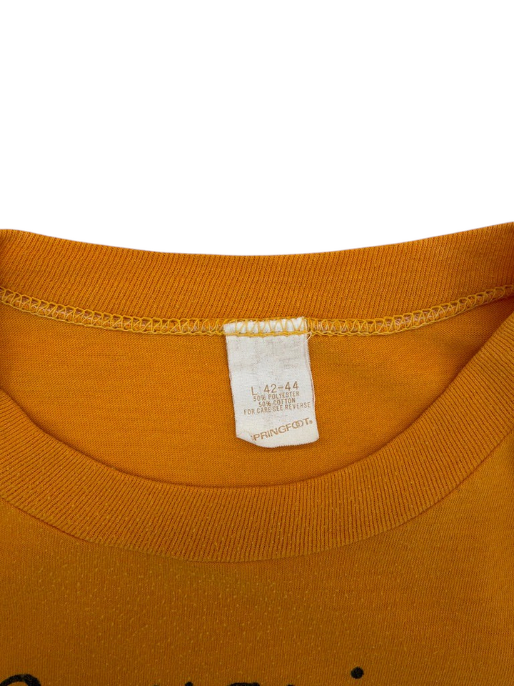 Exile Vintage 1980s Aquarius Seafood Inc t-shirt interior neck label showing size L and cotton polyester blend