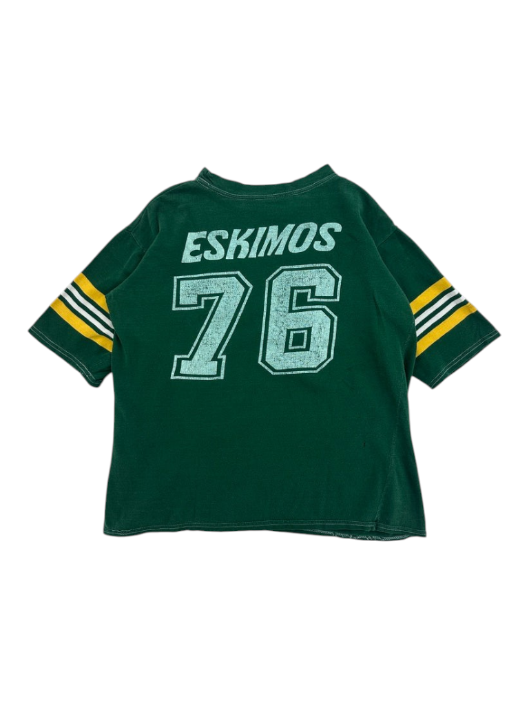 Exile Vintage 1970s green football jersey with Eskimos 76 graphic and yellow and white striped sleeves