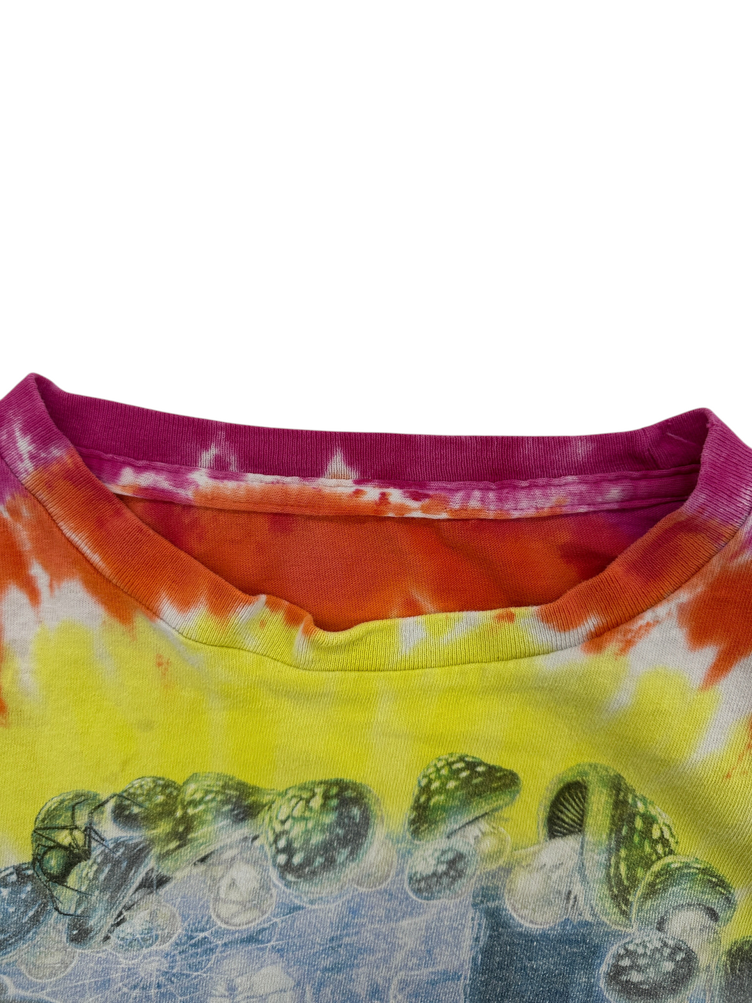 Exile Vintage 1990s Liquid Blue tie-dye t-shirt featuring a vibrant mushroom graphic and pink collar detail