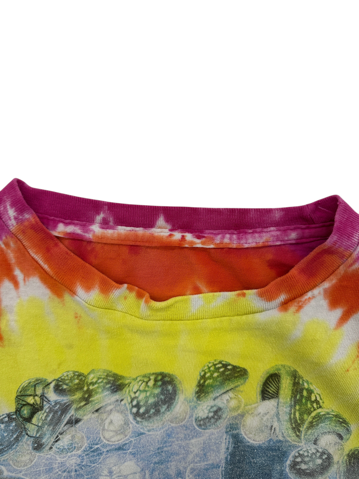 Exile Vintage 1990s Liquid Blue tie-dye t-shirt featuring a vibrant mushroom graphic and pink collar detail