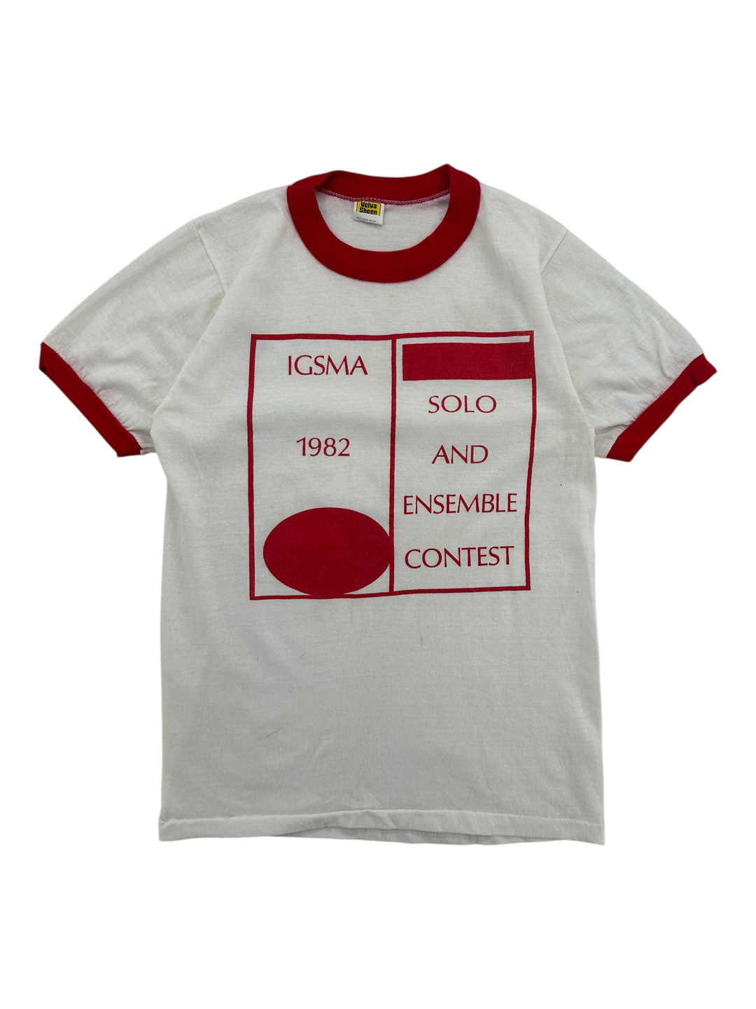 Exile Vintage 1980s IGSMA Solo and Ensemble Contest ringer t-shirt in white with red trim and graphic print.