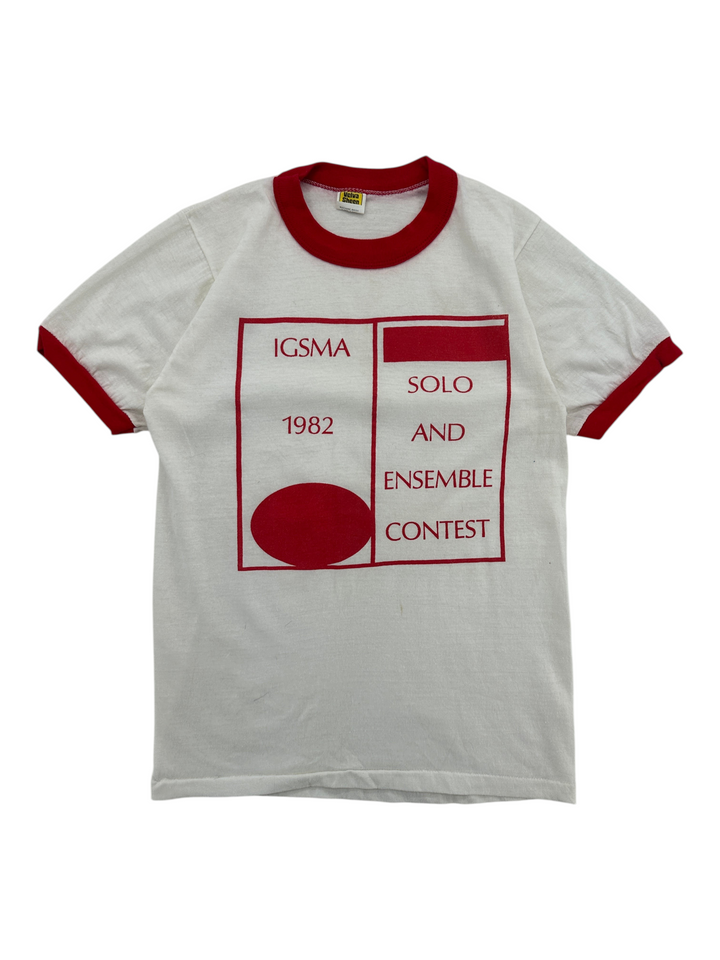 Exile Vintage 1980s IGSMA Solo and Ensemble Contest ringer t-shirt in white with red trim and graphic print.