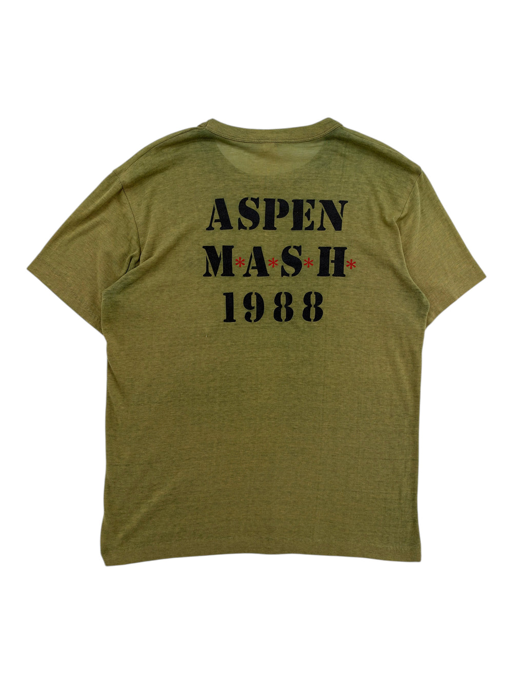 Exile Vintage olive green 1980s Aspen MASH graphic T-shirt with black stencil lettering on the back