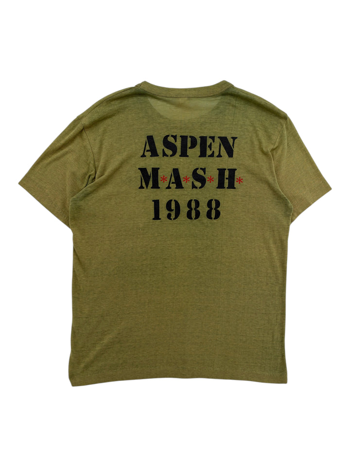 Exile Vintage olive green 1980s Aspen MASH graphic T-shirt with black stencil lettering on the back