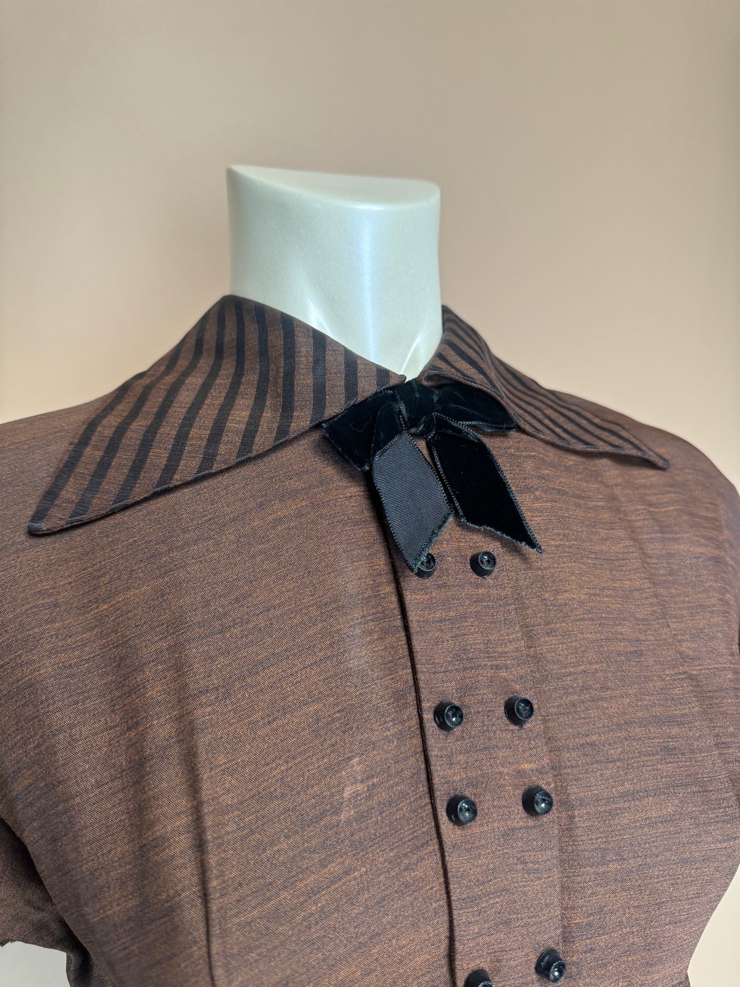 1950s - Brown and Black Stripe Dress with Bow Collar