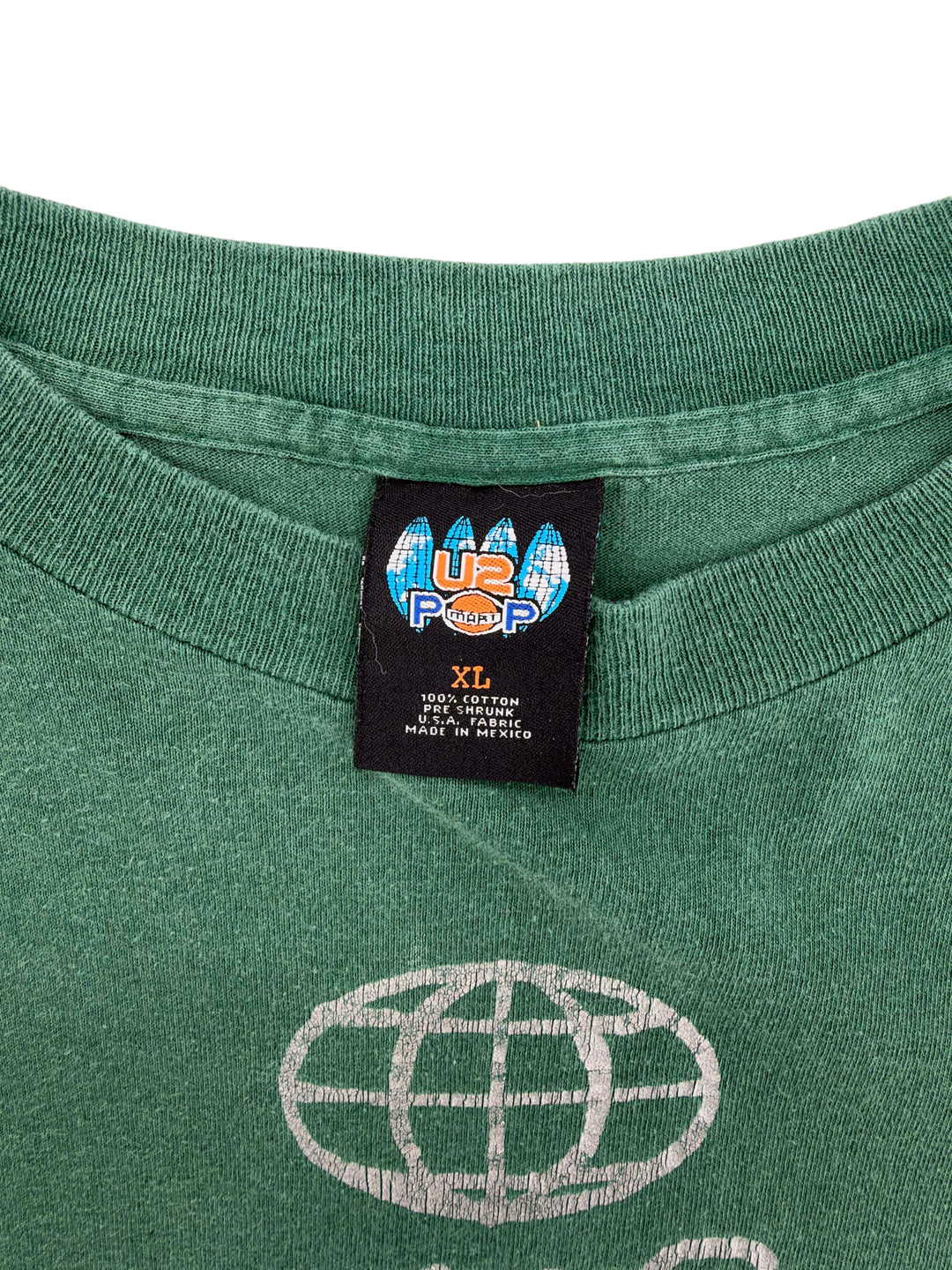 Exile Vintage green 1990s U2 PopMart tour T-shirt with XL size tag and globe graphic detail