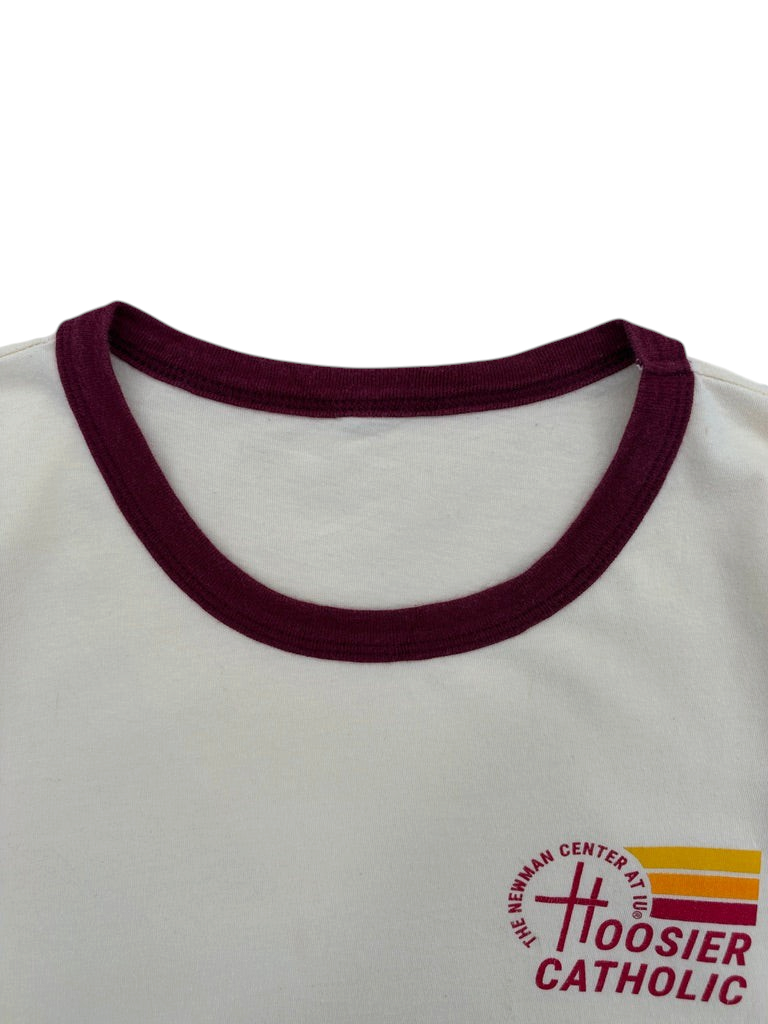 Exile Vintage 1970s cream ringer t-shirt with maroon collar and Hoosier Catholic Newman Center graphic