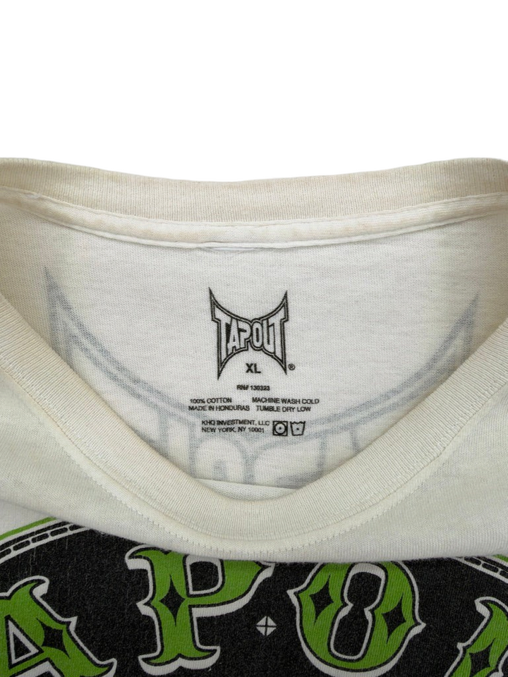 Exile Vintage Tapout Fight Co white cotton t-shirt featuring a printed graphic and XL size tag
