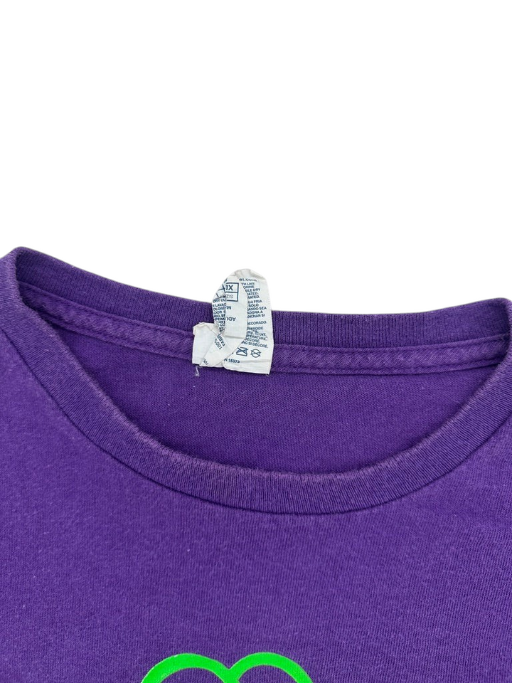 Exile Vintage purple Yoshi T-shirt collar and care label detail showing size XL