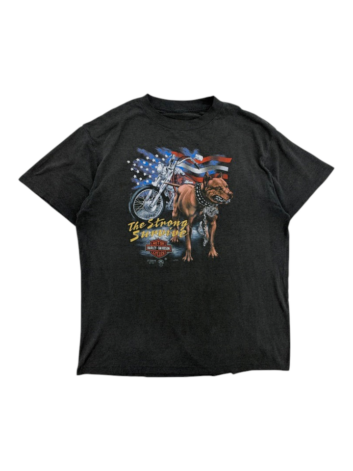 Exile Vintage 1980s black Harley Davidson The Strong Survive graphic t-shirt with pitbull and motorcycle print