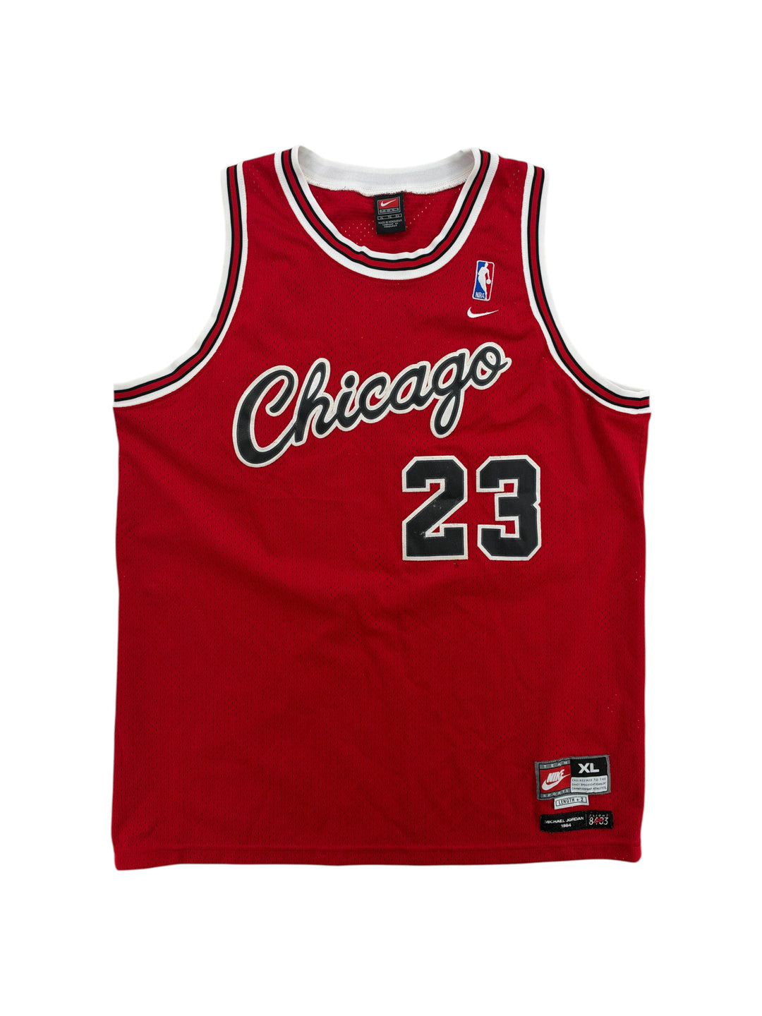 Exile Vintage 2000s Chicago Bulls Michael Jordan jersey in red with black and white trim, size XL.