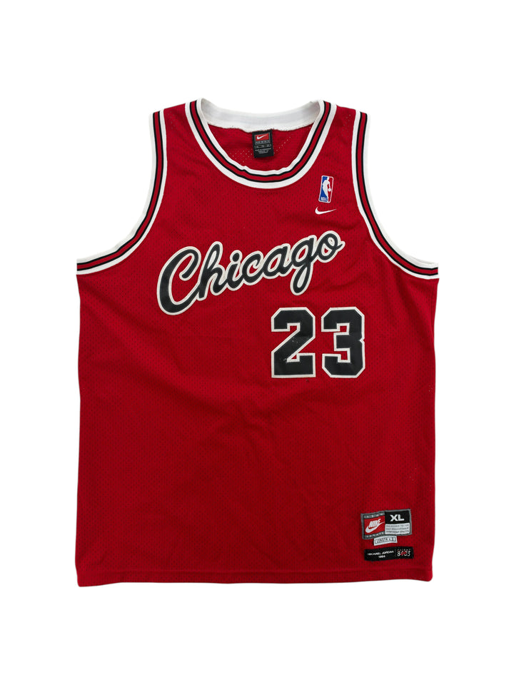 Exile Vintage 2000s Chicago Bulls Michael Jordan jersey in red with black and white trim, size XL.