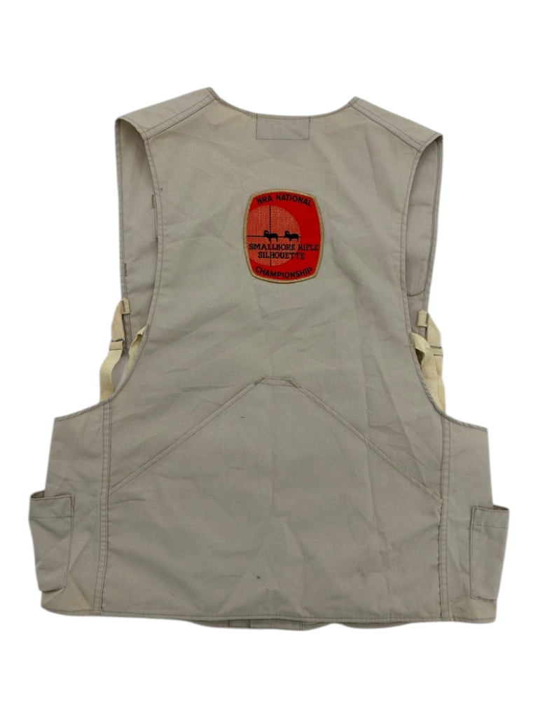 Exile Vintage 1970s beige shooting vest with NRA National Smallbore Rifle Silhouette Championship patch on the back