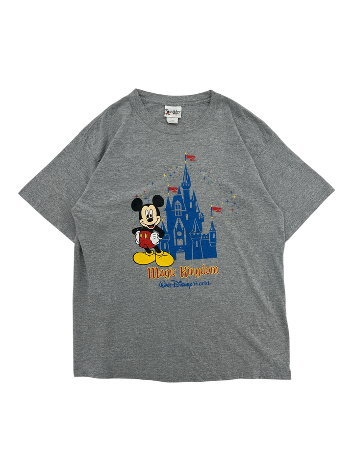 Exile Vintage grey 1990s Disney World Magic Kingdom T-shirt featuring Mickey Mouse and Cinderella Castle graphic