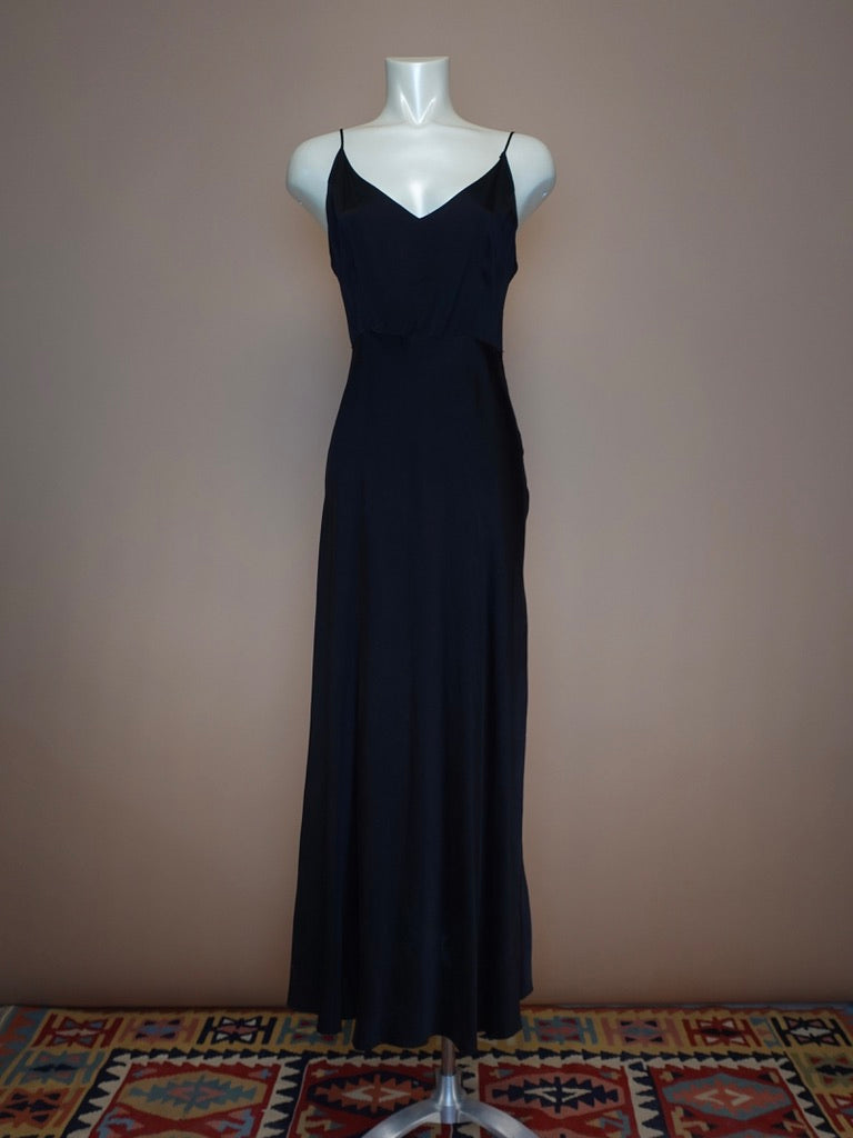 1940S - BLACK SATIN SPAGHETTI STRAP DRESS