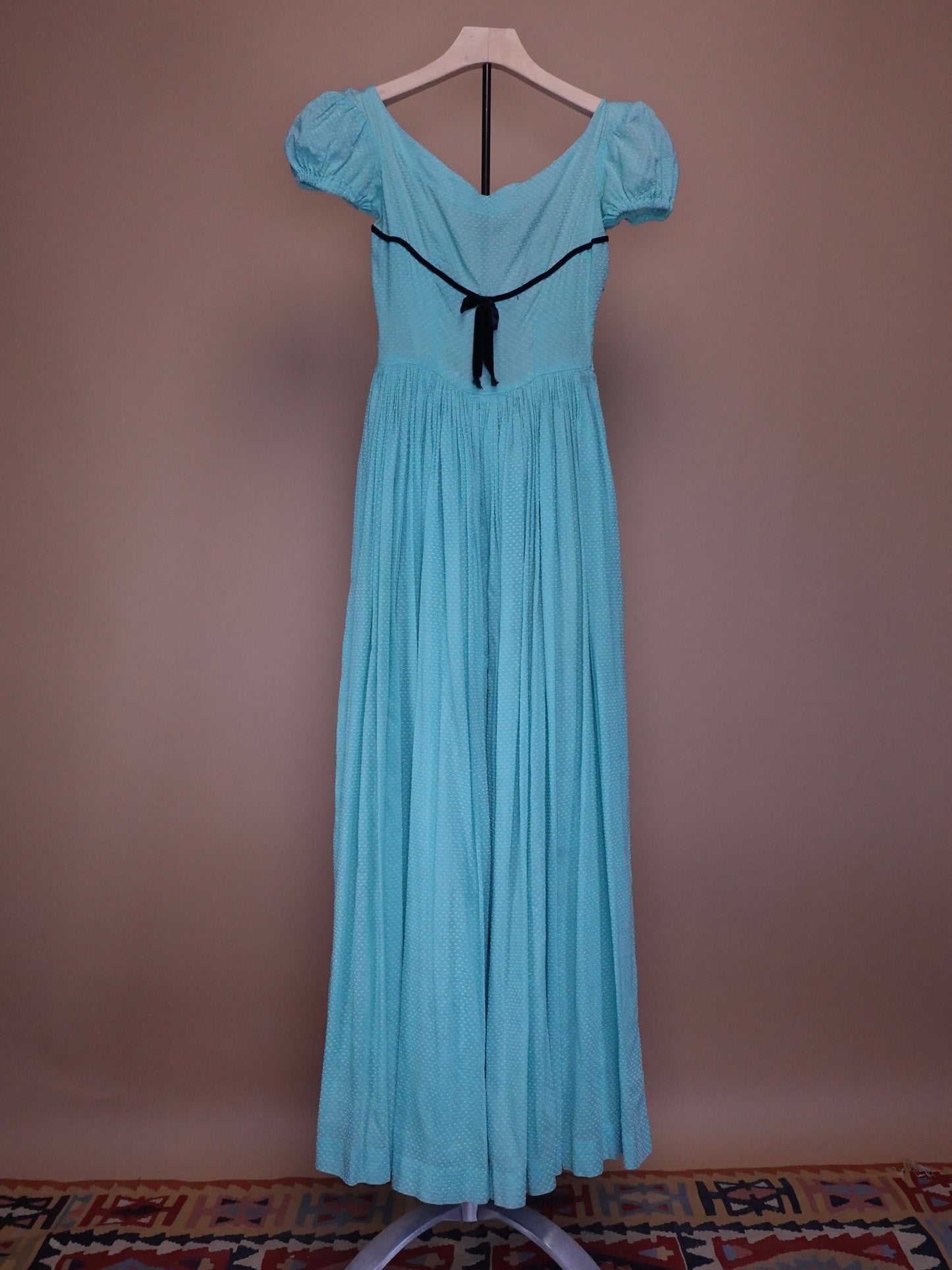 1970s - Teal Blue Swiss Dot Special Occassion Full Length Dress