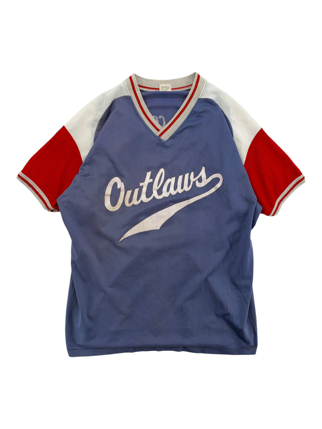 Exile Vintage 1970s Outlaws baseball jersey in blue with red and white sleeves and a V-neck collar