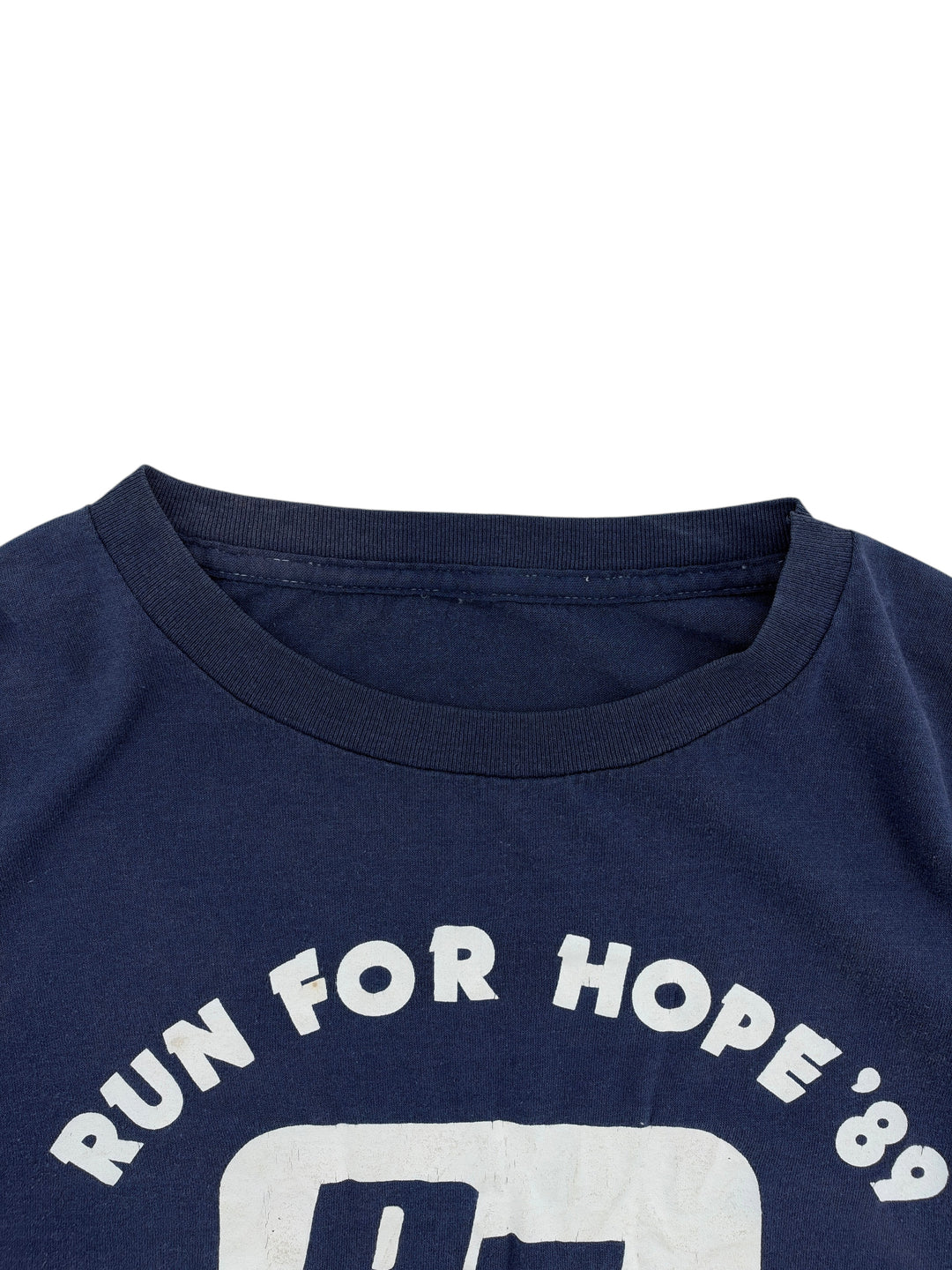 Exile Vintage 1980s navy blue cotton crewneck T-shirt with white Run For Hope 89 graphic print