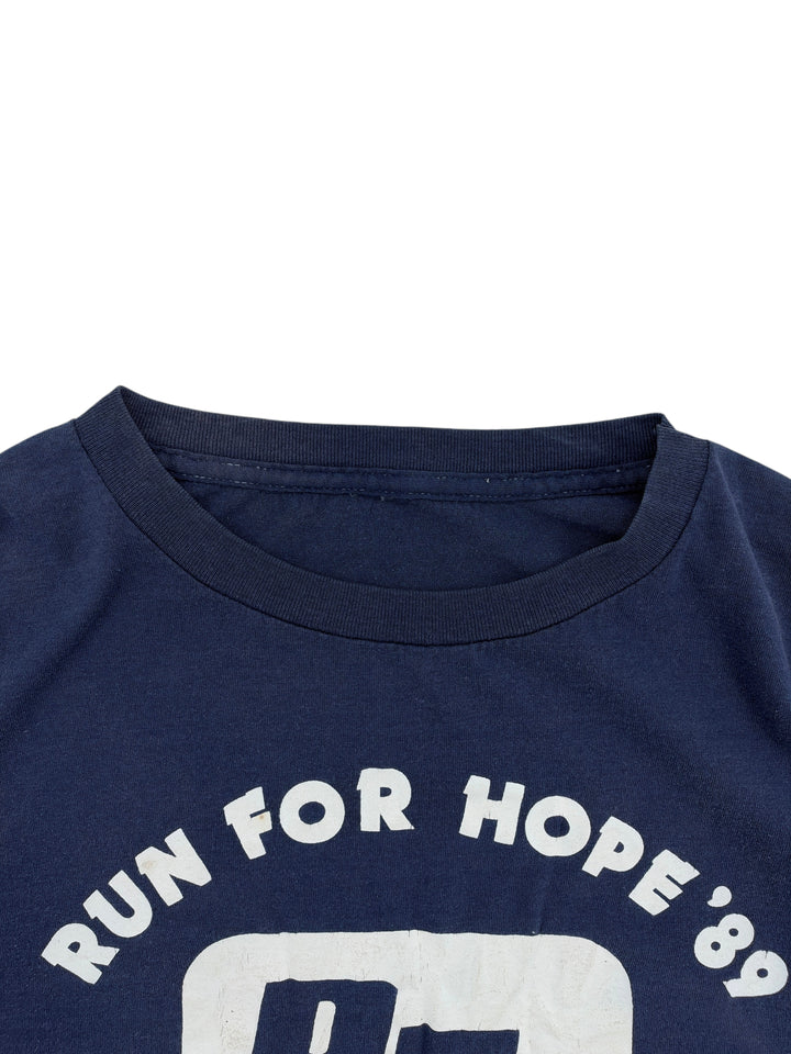 Exile Vintage 1980s navy blue cotton crewneck T-shirt with white Run For Hope 89 graphic print
