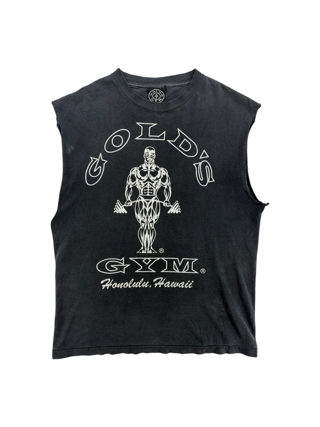 Exile Vintage 1990s black Gold's Gym Honolulu sleeveless cut off t-shirt with white graphic print