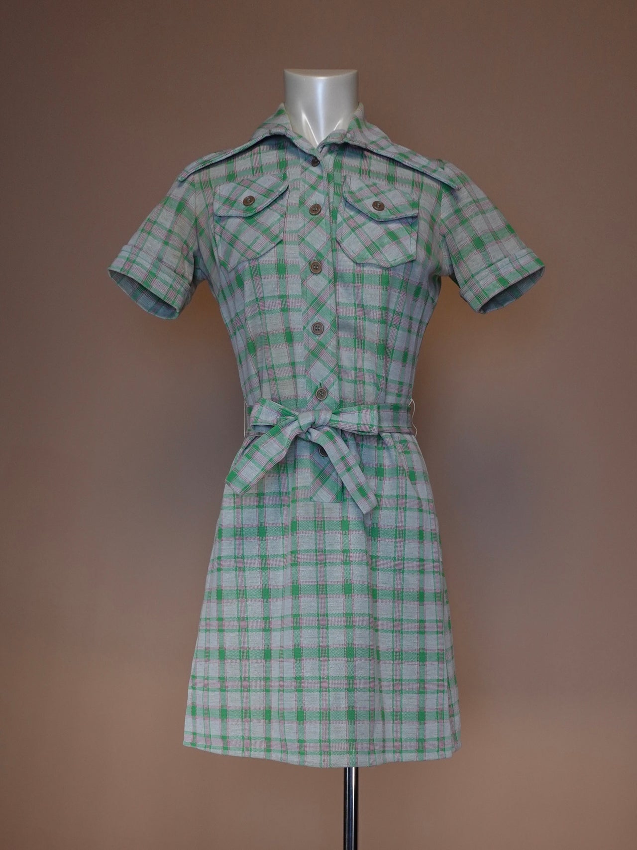 1970S - PLAID BELTED MIDI DRESS