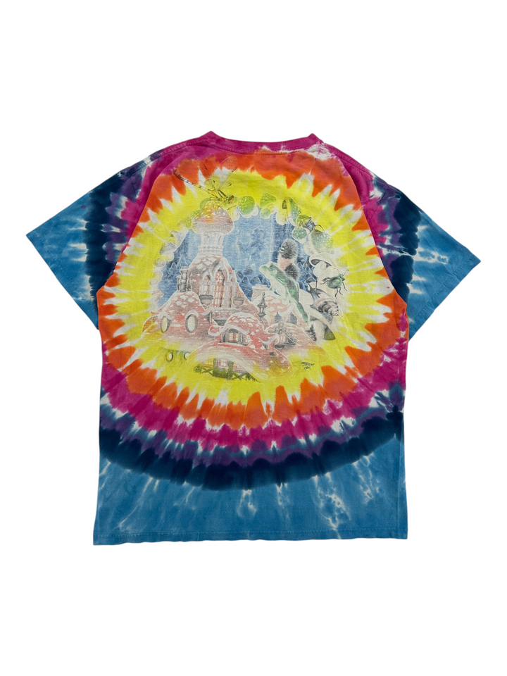 Exile Vintage 1990s Liquid Blue tie-dye t-shirt featuring a colourful gnome and mushroom forest graphic print