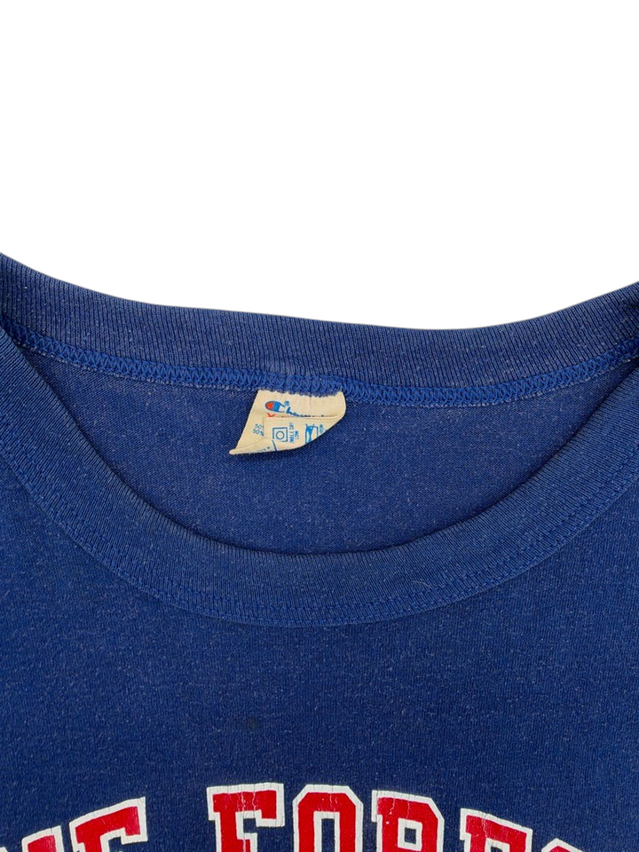 Exile Vintage 1970s blue Champion t-shirt featuring a classic crew neck and vintage brand tag